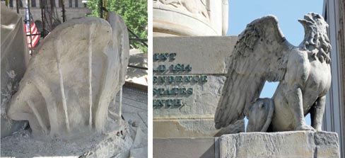 Lady Baltimore in a complete body mold, and a griffin in three stages of molding and repair.