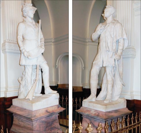 The rotunda features prominently placed, realistic marble statues of two memorable Texas statesmen who contributed their surnames to big Texas cities: (L to R) Stephen F. Austin and Sam Houston.