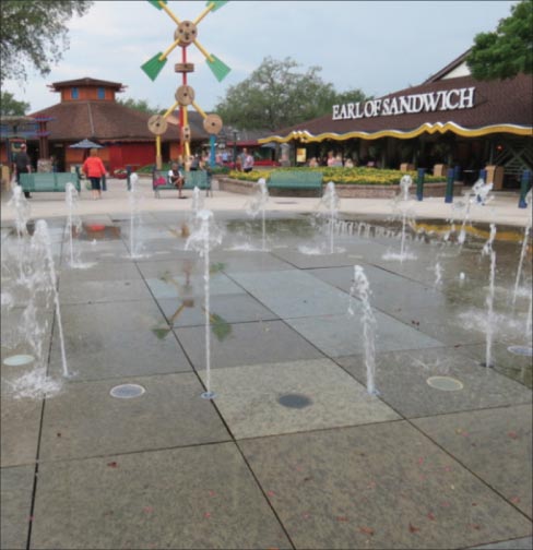 Repaired fountain at a Disney Theme park. The Green Granite squares that make up the surface are 6mm thick x 3 feet square. “They’re big pieces of granite, but people keep driving over them, and when they do, they crack the stones. Then we get the call.”