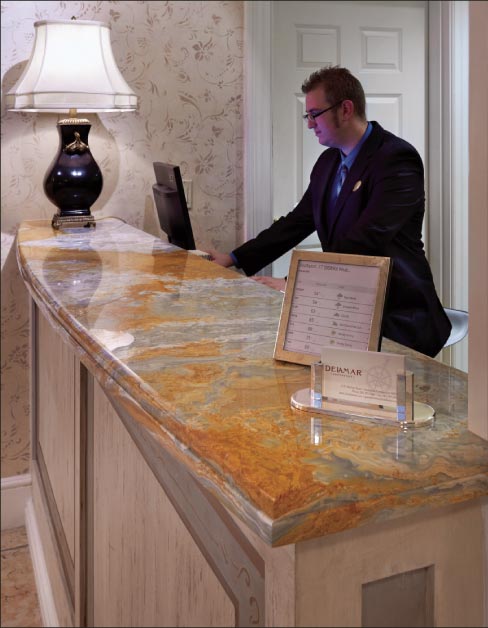 This long, curving onyx counter is installed at the famous Delamar Hotel in Greenwich, CT. 