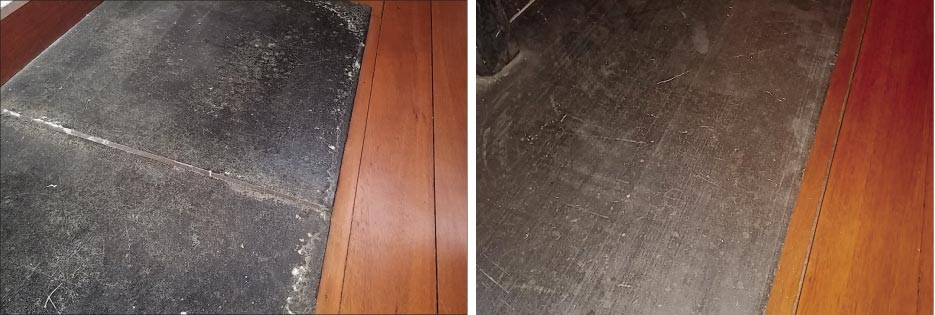 Living room soapstone hearth, before restoration and  after.  “The extent of our work included two green soapstone vanities, two fireplaces (one in the main living room, one in the master bathroom area), and the concrete area in the working kitchen.”