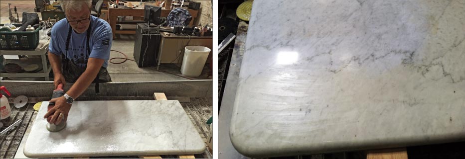 The marble top was universally polished to a 120 grit hone and brought up to a final polish. Above Right: test corner (top left) shows the big color difference after removing the surface layer of oxidation.