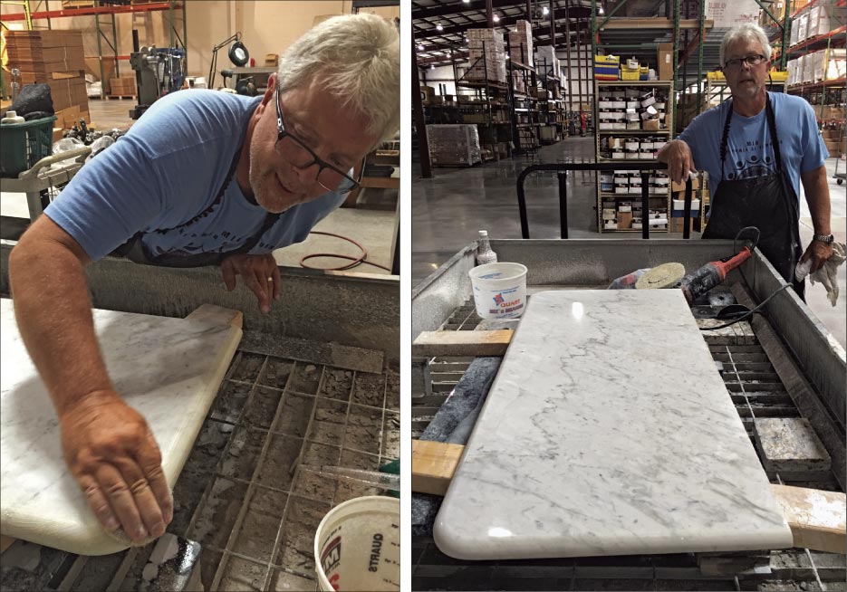 Bob polishes the demi-bull edge using the center of a large,  natural-hair pad impregnated with Majestic 5X. Photographs do not do justice to the restored top. The translucent depths and the subtle, smoky veining really shine through. Most importantly, the client was extremely pleased!