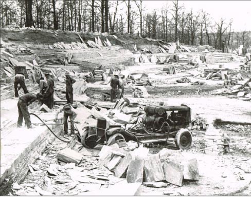 Archive photo shows methods used in the early days to quarry Crab Orchard ledgestone in Cumberland County, Tennessee.