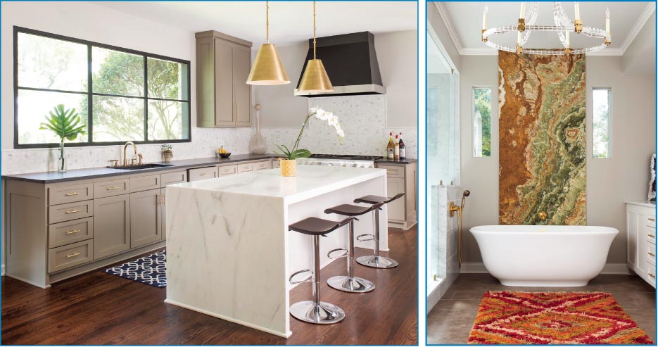 This modern kitchen design combines Calacatta marble waterfall edge island and contrasting Absolute Black brush-finished countertops.  Multi-colored Onyx is used as a stunning feature wall in this bath.