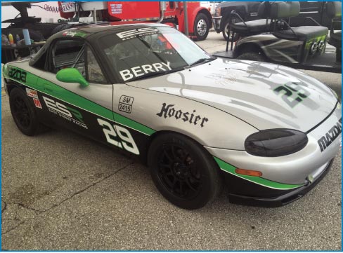 Berry’s 2017 modified Miata race car under the ESR team tent.