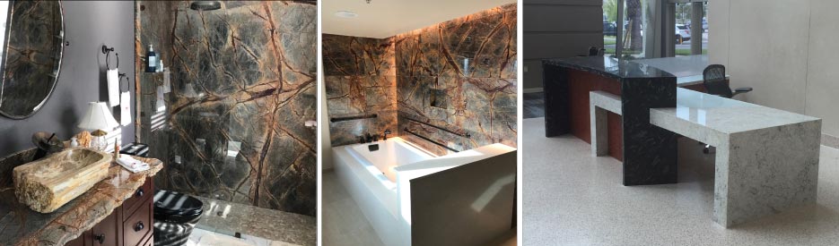 Above, Left: This residential bathroom highlights the true beauty of natural stone with a full slab Rain Forest brown shower, unique chiseled edge on the countertop and a one-of-a-kind stone vessel sink.  Above, Middle: Wilderness Lodge pool baths feature a combination of  Rain Forest Brown with a Fairbourne Cambria tub surround.   Above, Right: Reception desk at the Orlando VA Hospital combines Black Fossil Natural Stone and Wilsonart Quartz.