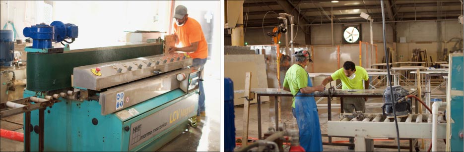 Above, left: A Marmo Meccanica LCV Magnum Edge Polisher is a workhorse for NSMotif.    Above, Right: Some of NSMotif’s jobs require a hand-finishing touch. Here, fabricators check for quality control and final finishing at a wet polishing station.