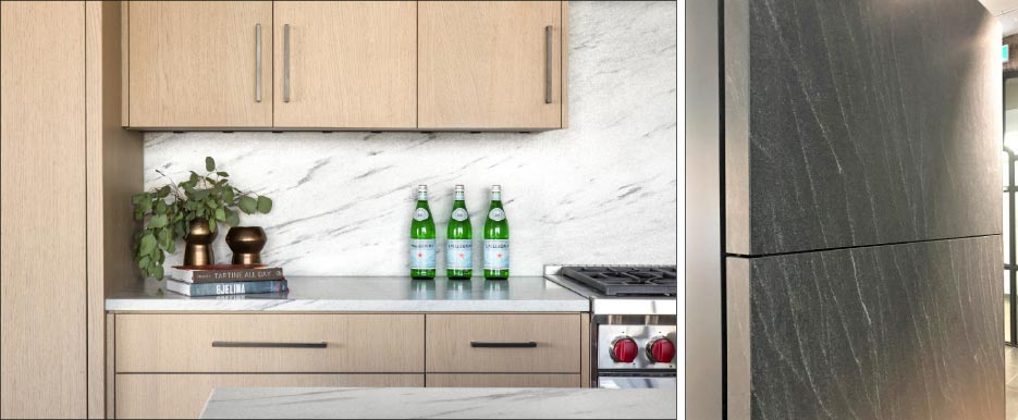 Above, Left: This backsplash was fabricated from a continuous slab of ultra-thin White Cherokee American marble.   Above, Right: Polycor’s architect Étienne Bernier of Hatem + D mounted American Black granite slabs with the Eclad 1 to create an interior feature wall that shows off the unique linear veining of the stone. Mitered corners give the appearance of weight but the slabs are actually only 3/8 inch thick.