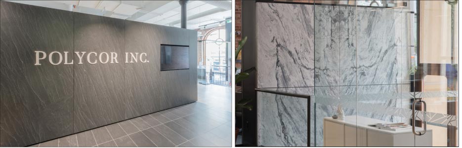 As soon as employees and guests walk in to the new Quebec headquarters, they’re greeted by a floating wall of 1 cm American Black granite.