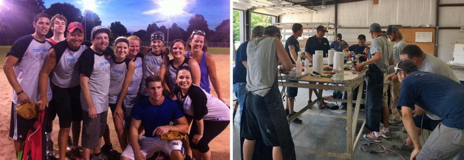 Above, left: Intramural sports teams like softball have brought Solid Surface Designs employees together for the past five years.   Above, right: Getting “rival” departments to work together without friction is no easy task. Fostering a sense of company identity where all departments are equally valued is an effective way to decrease tensions between fabrication and installation teams, as in this fabrication class.