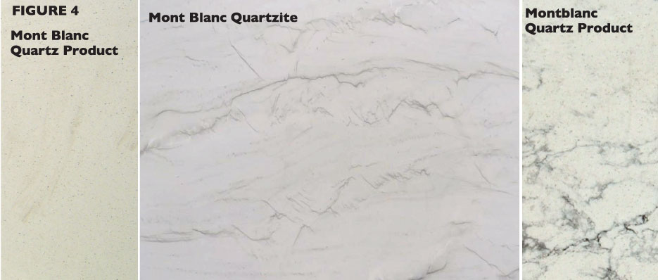 Mont Blanc quartzite (center) a natural stone, is often imitated by manufactured quartz producers. Notice the inherent difference of one manufacturer’s Mont Blanc (left) and a second company’s Montblanc (right) as manufactured quartz product offerings compared to its natural counterpart. Photos supplied by Slabworks of Montana and Triton Stone.