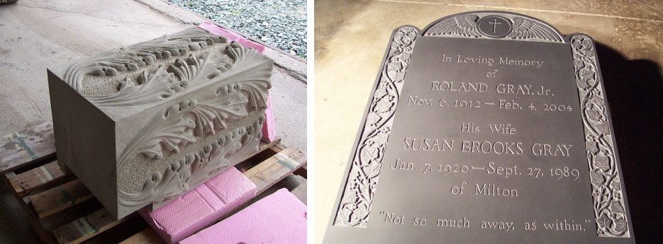 Above, left:  Hand carved Indiana Limestone architectural detail, replacement block for a building restoration.  Above, right: Carved Black Slate headstone, V-grooved hand cut lettering and border designs. This rare skill is practiced by few, these days.