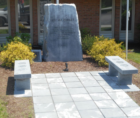 Pittsford, Vermont Memorial and Benches:  Florence, Vermont Gray marble pavers, memorial, and benches. The military seal inlays are aluminum, to prevent rusting.