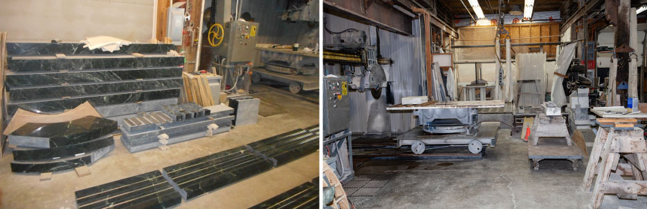 Above, left: Vermont Verde Antique marble sections for the Hearst Neptune Pool renovation project. Finished flutes, finished cap stones, and in process, straight scum gutters.  Above, right: The Proctor Marble Company shop includes some unique equipment designed, built or repurposed by Brent Wilson. 