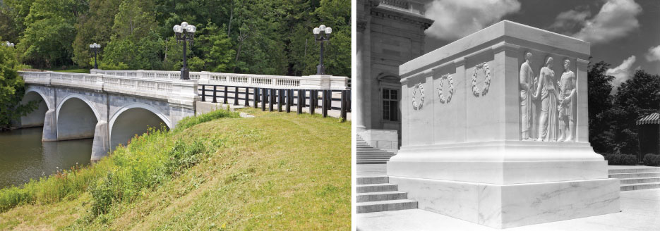 Above, left: The stately marble bridge leading into Proctor, Vermont is a lasting reminder of the industry that produced so many national landmarks.   Above, right: The Tomb of the Unknown Soldier, Vermont Marble Company, completed and shipped to Washington D.C. April, 1931. Fabricated from Colorado Yule marble, from VMC’s quarry holdings. Figures carved by the Piccirilli Brothers, designed by Daniel Chester French.