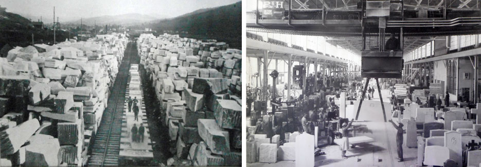 Above, left: Vermont marble quarry blocks stacked alongside the Rutland rail line, c. 1930.          Above, right: Vermont Marble Company factory floor and overhead crane, c. 1930.