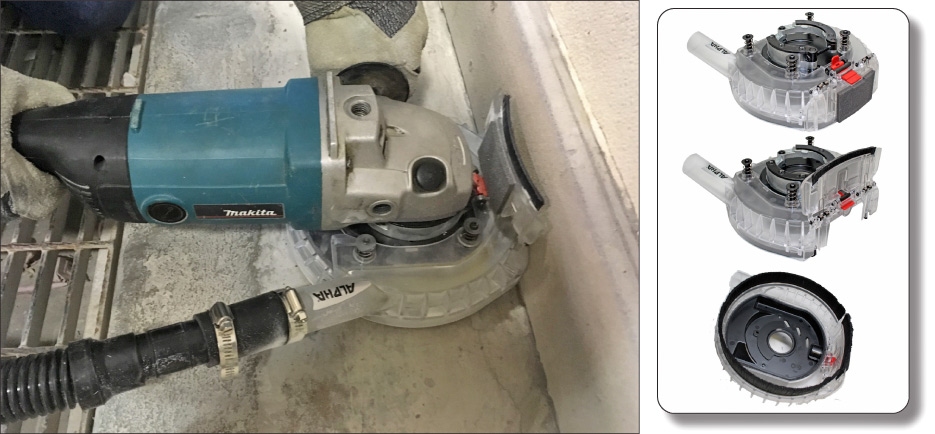 Above, left: The Alpha G7 in action: running a 7-inch cup wheel on a Makita grinder.  Above, right: The Alpha G7 Ecoguard fits on most 7-  and 9-inch grinders.