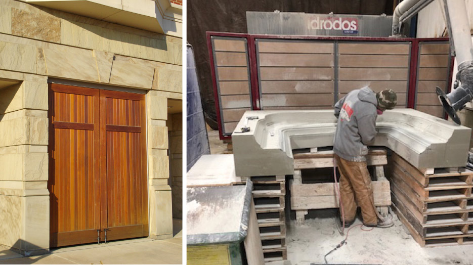 Above, left: Birmingham Buff sawn and split bedface panels. The quarry’s signature colors have remained very consistent over the decades they have been used. Restoration using original colors is a primary focus of their business. Above, right: Carving an Amherst Gray fireplace surround. The tube pictured to the right is part of a dust collection system.