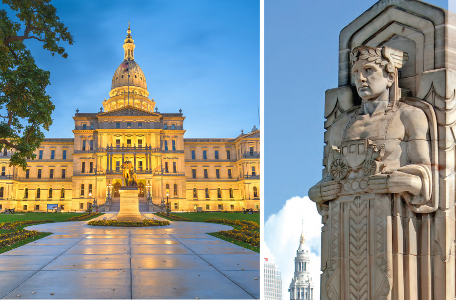 Above, left: Michigan State Capitol, Lansing, MI  Above, right: Hope Bridge- Original stone & restoration