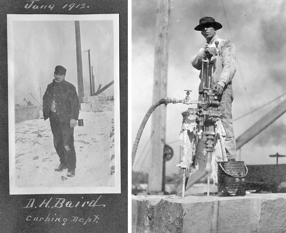  Above, left: Mr. B.H. Baird, Curbing Dept.  Above, right: Quarryman test drilling, C 1930s