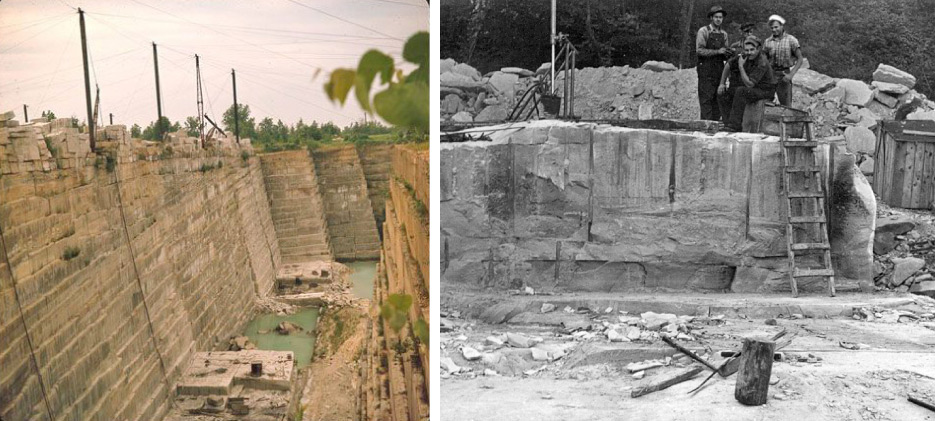 Above, left: Berea Quarry, Before Closure in 1939  Above, right: Drilling and splitting blocks from a quarry ledge.