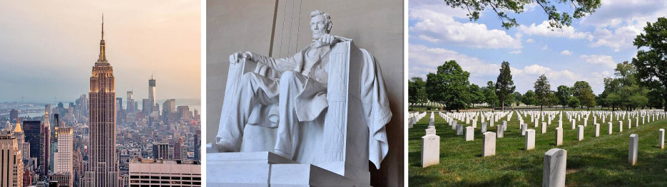 Above, left: Two of America’s iconic stone constructions – the Empire State Building, and the interior of the Lincoln Memorial –  are built of durable Indiana limestone. The Pearl Grey marble used for the Lincoln sculpture comes from the legendary Georgia Marble quarry in Tate, GA.  Above, right: Arlington National Cemetery: rows on rows of 400 Georgia Marble headstones.