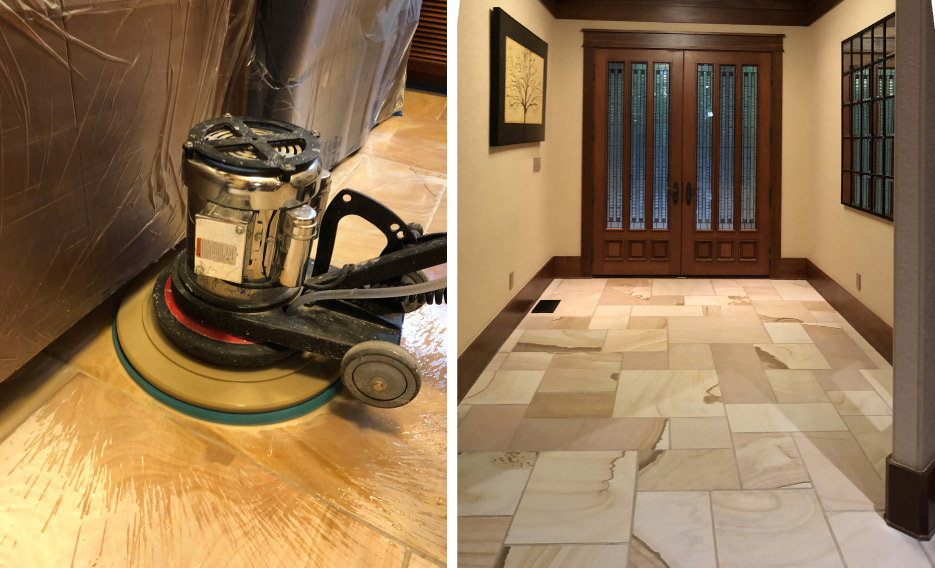 Above, left: A 13-inch floor machine with a 20-inch drive plate was used to get under cabinet overhangs. ELF Flexible Electroplated Metal-Bbond Diamond Discs were used to remove urethane and flatten the floor.  Above, right: the natural beauty of this Crab Orchard foyer has been restored after urethane and lippage removal.