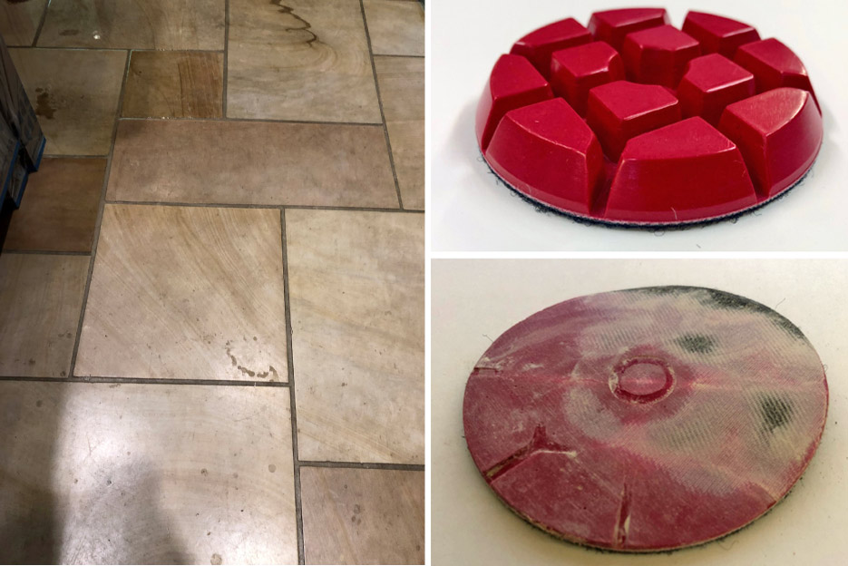  Above, left: Problem: A dingy, dirty and scratched urethane coating on Tennessee Crab Orchard stone. After testing, it was decided that mechanical removal of the coating was preferred, so as to also flatten the floor.  Above, top right: The restoration team tried a 220g Typhoon resin diamond disc to help smooth the floor after running coarse 40g, 70g, and 120g metals.  Above, bottom right: The Typhoon resin did not hold up on the abrasive Crab Orchard sandstone. After barely 200 sq. ft. of use, this worn disc shows the discs were completely used up. Premium Flexible discs were then used with much better results, including less wear and tear on the discs to achieve the desired results.