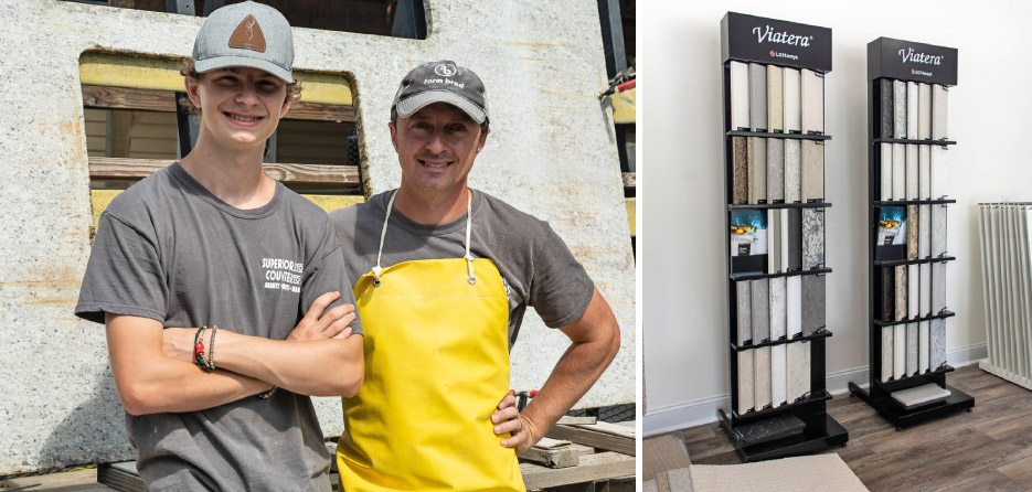 Above, Left, from left: Max and Josh Stafford. “We basically have three generations working here,” said Josh, “but only when school is out! I consider myself lucky to be surrounded by family.”  Above, right: Part of the LG Hausys quartz material display provided by the new LG factory in Calhoun, Georgia.  This display is one of several in the Hollis Holdings model condo office, set up to give clients an idea of the available materials to build their dream kitchen. Stafford also sources materiel from MSI and Atlantic Stone. “I like to help people pick the stone that fits their lifestyle. I want to make sure they make the right choice and will be happy with it for many years to come. I try to steer them to the right choice, and educate them on the stone they need for their lifestyle.”