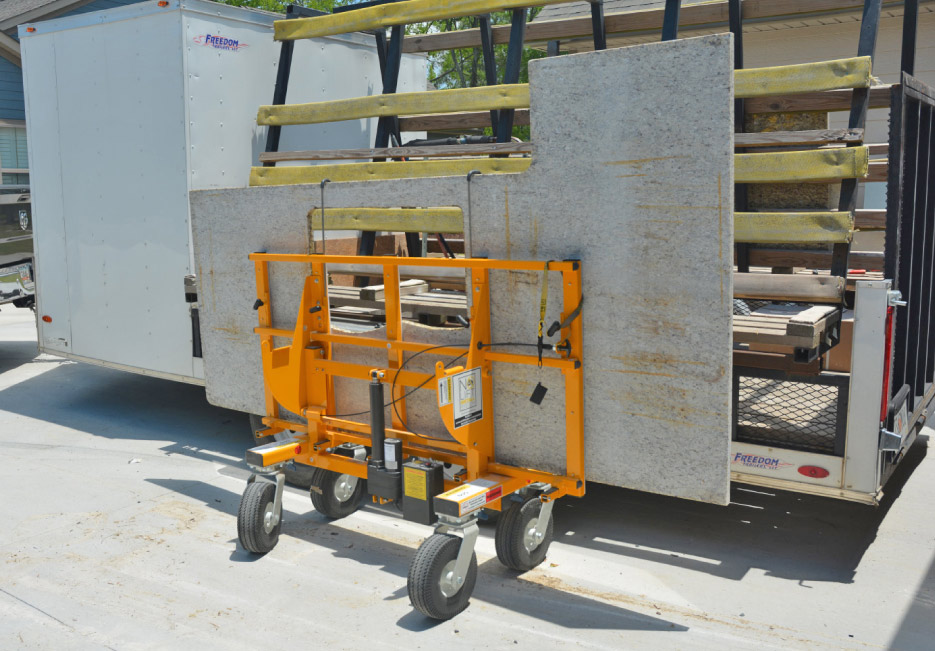 This 130 x 50 inch L-shaped Flaked Pearl LG quartz countertop is one the first that Stafford installed using his No-Lift cart, and Omni Cubed sink supports. “This top was fabricated in one piece, without any seams. I can’t imagine carrying this monster in without my install cart. With the sink cutout, it was delicate, going into a pretty narrow space between the outside wall and the island.”