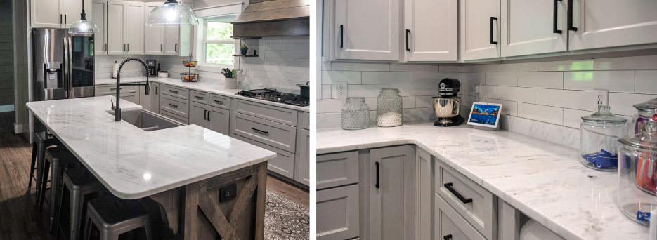 Residential kitchen installation in Carrara marble, aka “Shadow Storm.” The radius-edge island features a composite granite farmhouse sink. The long counters were  produced using minimal seams.