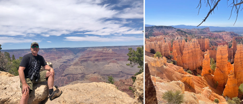 Above, left: The other side of the canyon (north rim) is many miles from where I am sitting, on the south rim.  Above, right: The unusual beauty of the hoodoos in Bryce Canyon National Park were created by millions of years of natural weathering, and, specifically ice wedging in a freeze-thaw cycle taking place over eons. 