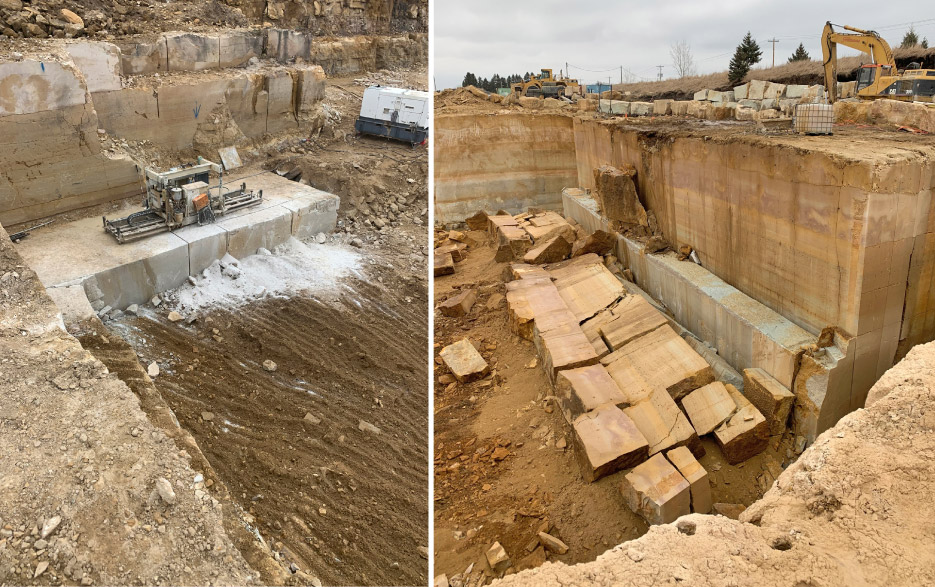 Above, left: Sawing an exposed granite cliff face before dropping and processing the raw blocks.  Above, right: dropping a shelf of high-quality, durable Superior Northern granite. The stone cleaves into large blocks with few fissures, and is a suitable replacement for concrete outdoor projects such as large-format retaining walls and seating benches.