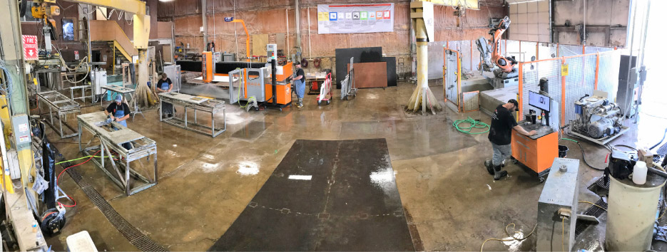 The Alpha Countertops fab shop operates a BACA Robo Sawjet, the BACA Edge XL, a Farnese Mitre Excel and a Marmo Meccanica LCV 711 Straight Edge Polisher.