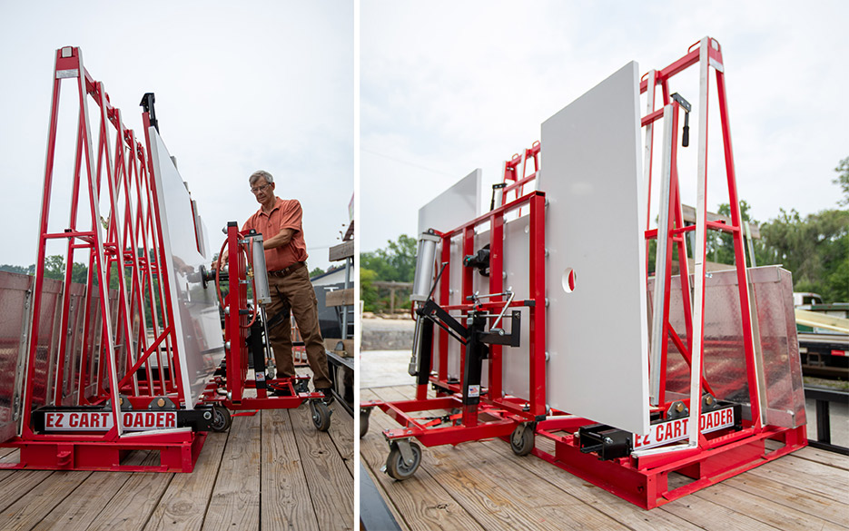 Left: Transferring a large island top from a transport cart to the EZ Installation Cart, can almost effortlessly be done by one person.  Right: Island top loaded and ready to roll into the jobsite with the EZ Installation Cart.