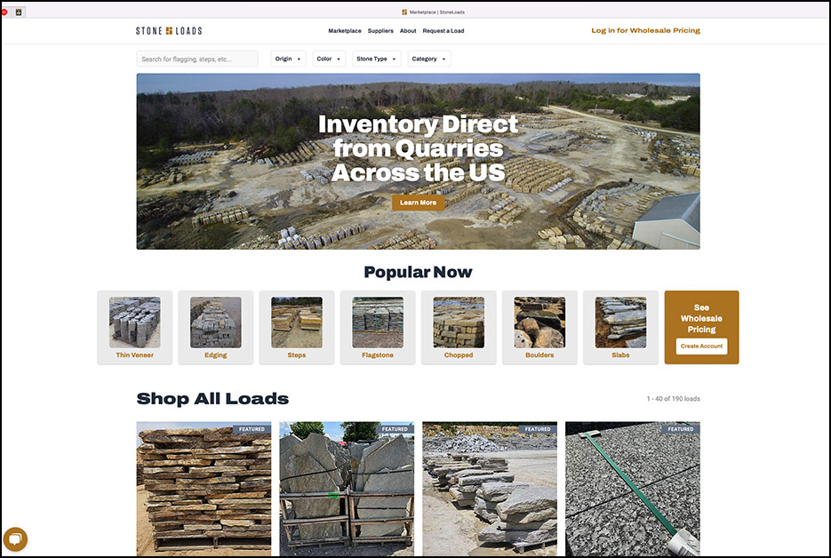 StoneLoads home page and “Tennessee / Color / Brown Stone” search parameters.