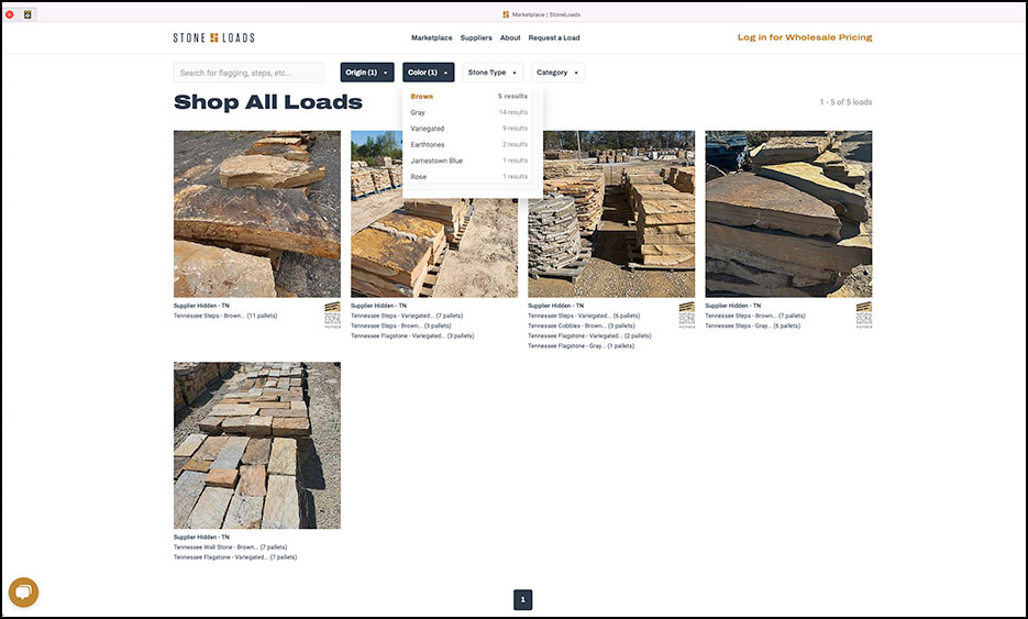 StoneLoads home page and “Tennessee / Color / Brown Stone” search parameters.