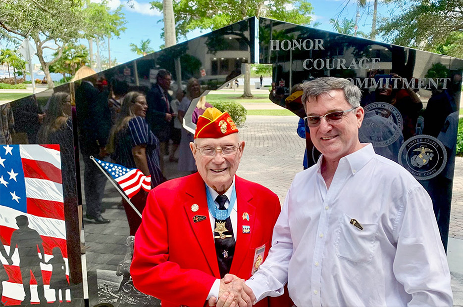 Jose D. Ubilla meets Hershel “Woody” Williams during the dedication of the Gold Star Families Memorial Monument at Trinity Park in West Palm Beach, Florida, in 2019. He was the last living Medal of Honor recipient from the World War II Battle of Iwo Jima before passing away in June 2022. The Gold Star Families Memorial Monument was dedicated on September 25, 2016.