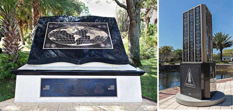 Veteran’s Park at Port St. Lucie, Florida contains monuments to all the veterans and fallen heroes, from WWI onward. Above: World War II Memorial for all armed forces; Below: Ubilla stands by part of the large Vietnam War monument.   Right: Space Walk of Fame, at the Space View Park, Trussville, Florida.  An extensive series of monuments records America’s Space Program, including a Space Shuttle monument listing all the astronauts and crew of all shuttle missions.