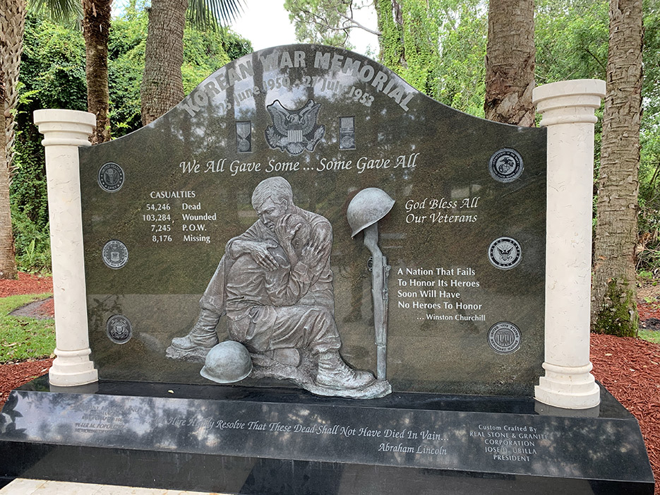 Korean War Monument, Veteran’s Park, Port St. Lucie, Florida. Dedicated in 2006, the monument combines engraved granite with bas-relief bronze.