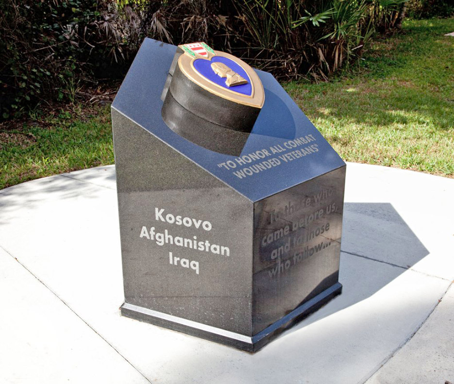 Purple Heart Monument, also installed in Veteran’s park, pays tribute to veterans wounded in the Kosovo, Afghanistan, and Iran military actions.