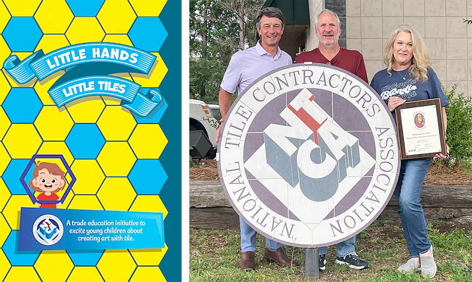 Left: The winning piece, Little Hands Little Tiles.  Right, From left: Doug Hederman, CEO, President of Hederman Brothers, the printing company that submitted the award, with Bart Bettiga and Michelle Chapman of the NTCA.