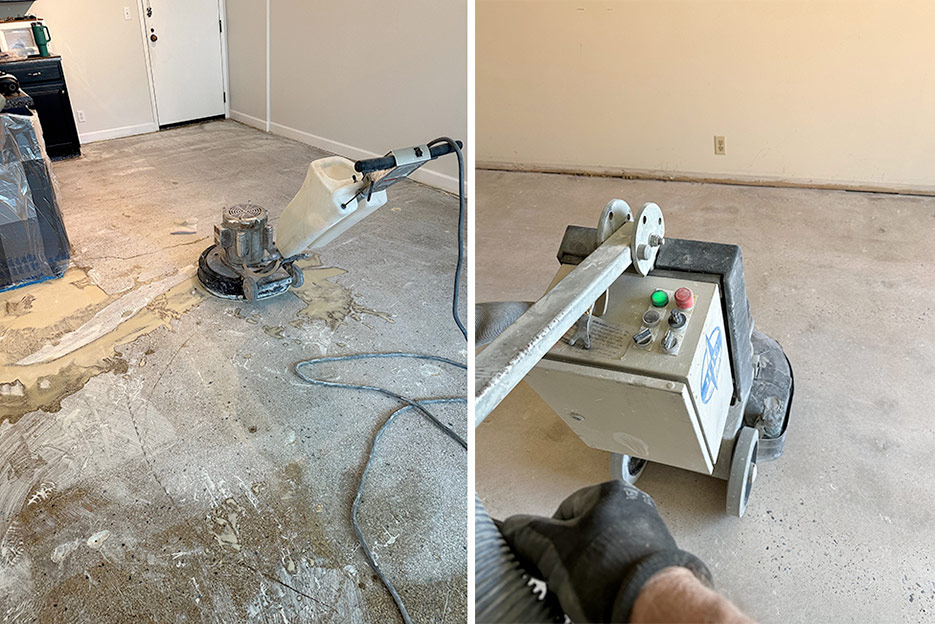 Left: Residential terrazzo – Oh boy! Better be  prepared to tackle layers of old carpet glue removal and more, before you can hone and polish terrazzo.  Right: So, you want to do concrete, eh?  You better stock up on heavy equipment and metal bond diamonds!