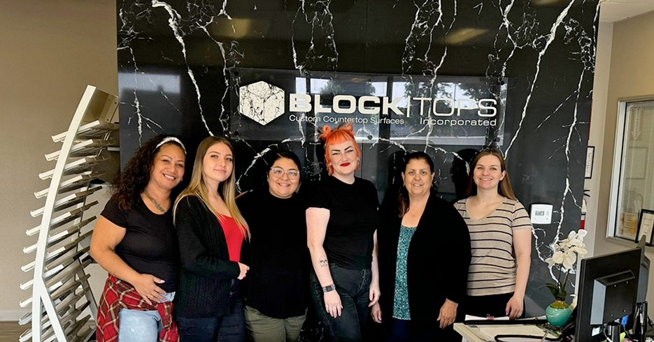 Block Tops Anaheim, California office staff. The Anaheim office is the original and main branch, and is setting standards in terms of wet fabrication and dust control.