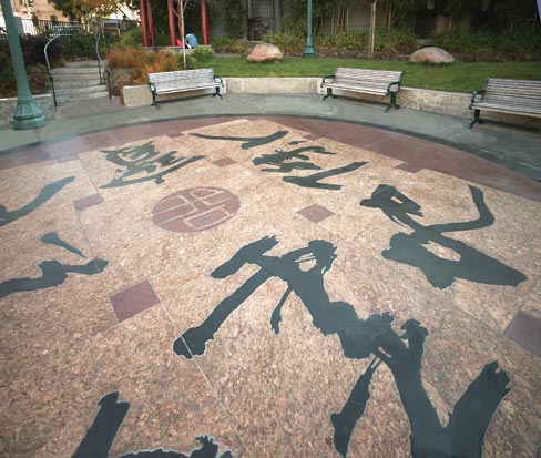 Woh Hei Yuen Park, San Fransisco, CA features 2-inch thick granite with beautifully detailed Chinese calligraphy “brush strokes.” 