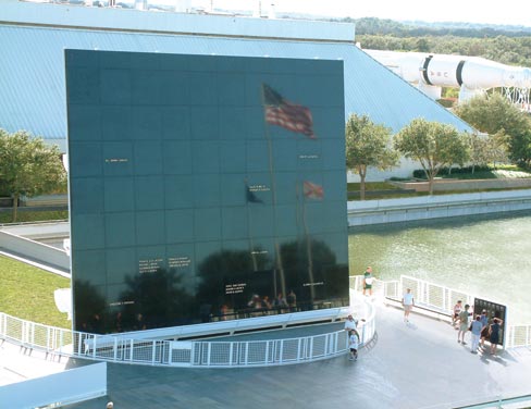 The Astronauts Memorial at Kennedy Space Center in Cape Canaveral, FL, is a huge black granite mirror through-engraved with the names of all the astronauts who have died in the line of duty.