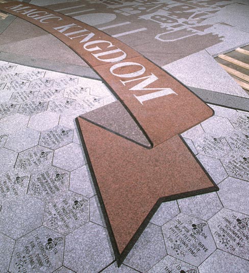 Project for the Magic Kingdom, Orlando, FL.  The factory layout and installationis shown here.  The 2-inch thermal finish granite hexagons are engraved with  the names of Disney fans.