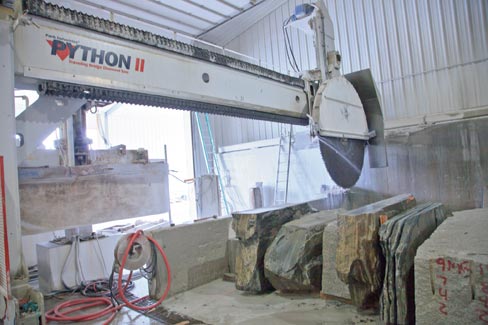 An 11 foot-6 inch blade amply handles the big block cutting chores, mounted on the one of many G.M.M. saws at J.C Stone. Their Park Python II is ready to slice up a day’s worth of cutting