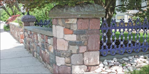 “The front wall took about a month to finish. We tried to match what was originally here to give it a local stone look, so all of the material I used is from this area. The sandstone is from the Palisades area where basalt had melted into the red sandstone and bleached it. The others are mostly from Sloatsburg, New York and Hillburn, New York. Some are salvaged and natural cleft. They don’t call this Rockland County for nothing.”